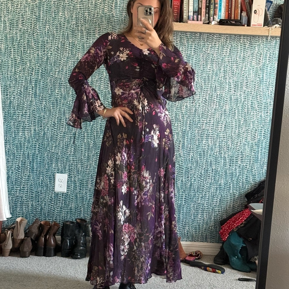 Robert Graham Diana Purple long sleeve silk blend maxi dress size 2
